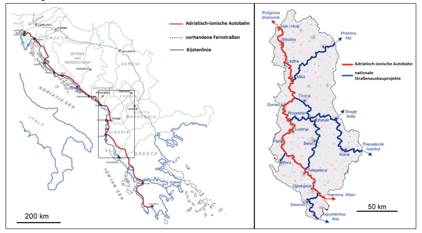 Karte der Adriatisch-ionischen Autobahn und geplanter Straßenbauprojekte auf dem Balkan.